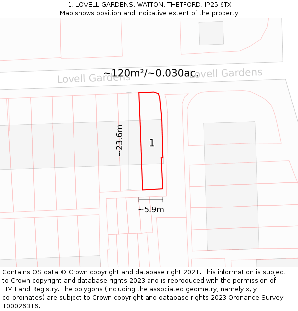 1, LOVELL GARDENS, WATTON, THETFORD, IP25 6TX: Plot and title map