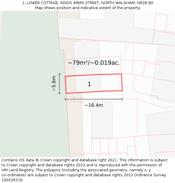 1, LOWER COTTAGE, KINGS ARMS STREET, NORTH WALSHAM, NR28 9JY: Plot and title map