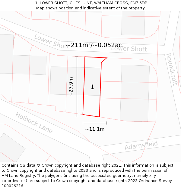 1, LOWER SHOTT, CHESHUNT, WALTHAM CROSS, EN7 6DP: Plot and title map