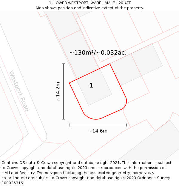 1, LOWER WESTPORT, WAREHAM, BH20 4FE: Plot and title map