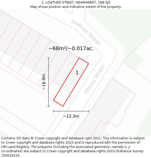 1, LOWTHER STREET, NEWMARKET, CB8 0JS: Plot and title map