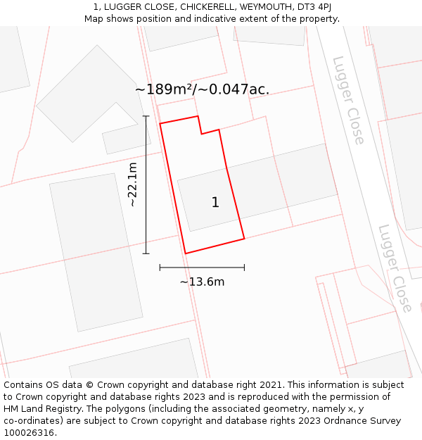 1, LUGGER CLOSE, CHICKERELL, WEYMOUTH, DT3 4PJ: Plot and title map