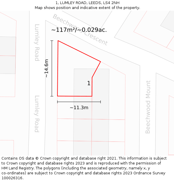 1, LUMLEY ROAD, LEEDS, LS4 2NH: Plot and title map