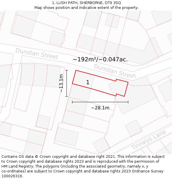 1, LUSH PATH, SHERBORNE, DT9 3SQ: Plot and title map