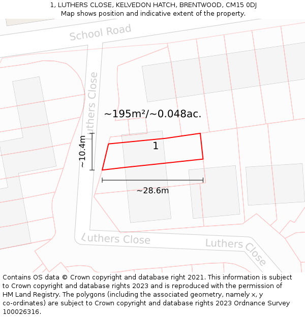 1, LUTHERS CLOSE, KELVEDON HATCH, BRENTWOOD, CM15 0DJ: Plot and title map