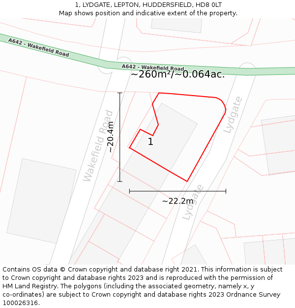 1, LYDGATE, LEPTON, HUDDERSFIELD, HD8 0LT: Plot and title map