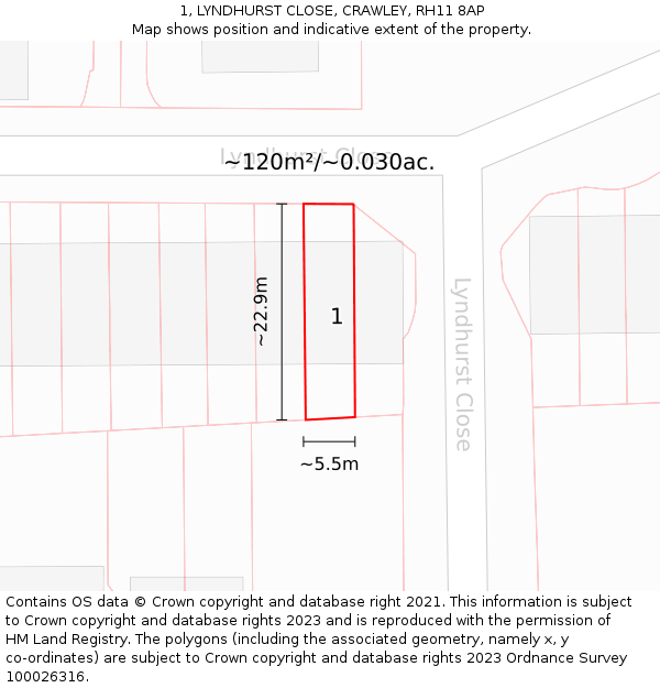 1, LYNDHURST CLOSE, CRAWLEY, RH11 8AP: Plot and title map