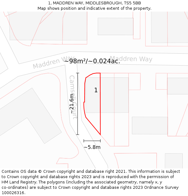1, MADDREN WAY, MIDDLESBROUGH, TS5 5BB: Plot and title map