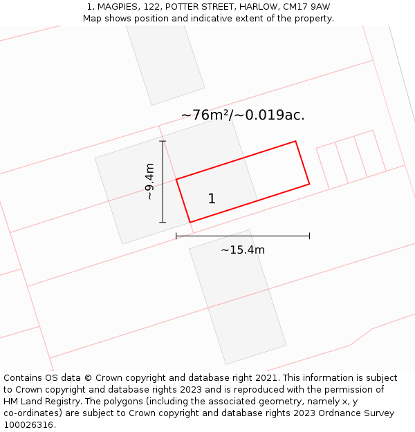 1, MAGPIES, 122, POTTER STREET, HARLOW, CM17 9AW: Plot and title map