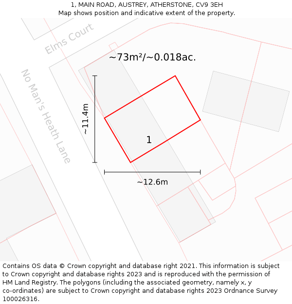 1, MAIN ROAD, AUSTREY, ATHERSTONE, CV9 3EH: Plot and title map