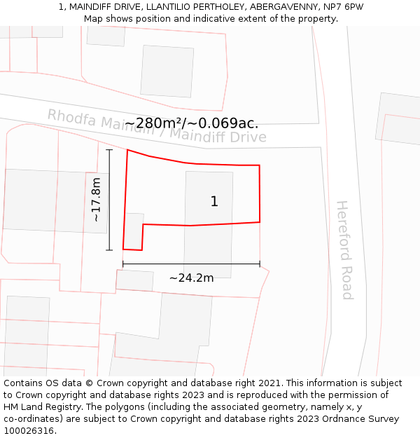 1, MAINDIFF DRIVE, LLANTILIO PERTHOLEY, ABERGAVENNY, NP7 6PW: Plot and title map