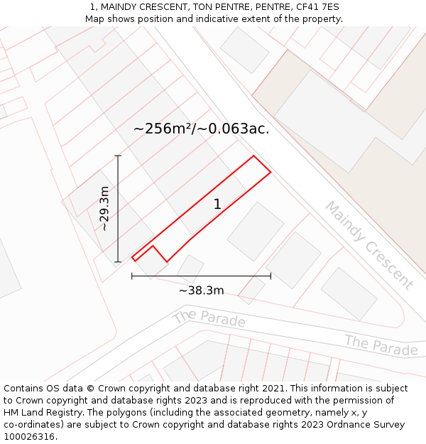 1, MAINDY CRESCENT, TON PENTRE, PENTRE, CF41 7ES: Plot and title map