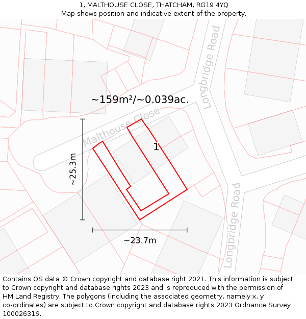 1, MALTHOUSE CLOSE, THATCHAM, RG19 4YQ: Plot and title map