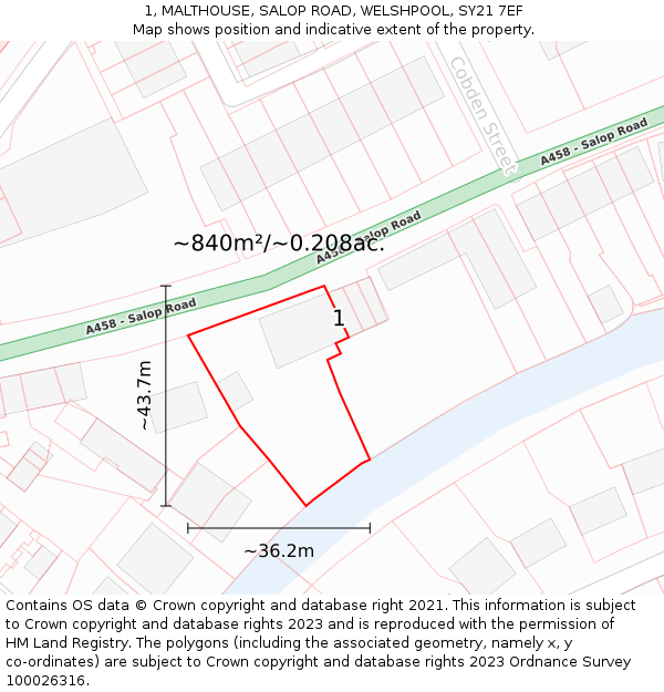 1, MALTHOUSE, SALOP ROAD, WELSHPOOL, SY21 7EF: Plot and title map