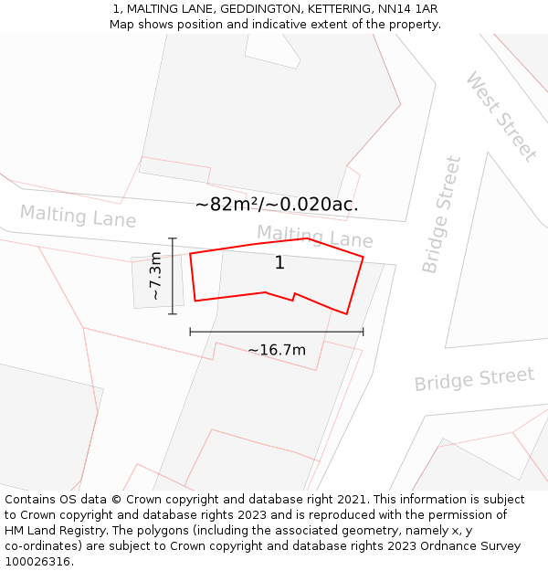 1, MALTING LANE, GEDDINGTON, KETTERING, NN14 1AR: Plot and title map