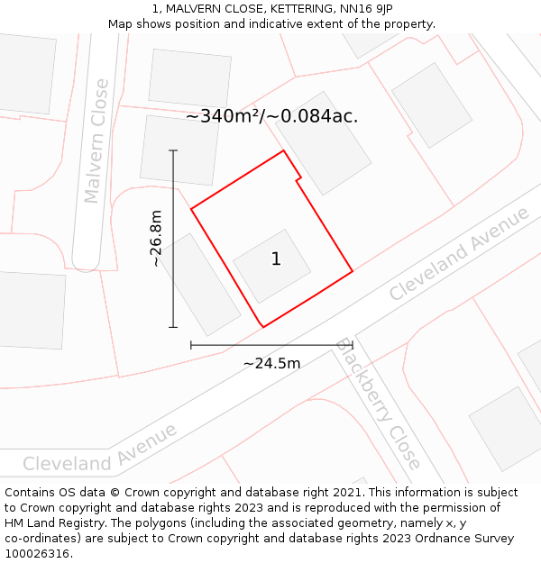 1, MALVERN CLOSE, KETTERING, NN16 9JP: Plot and title map