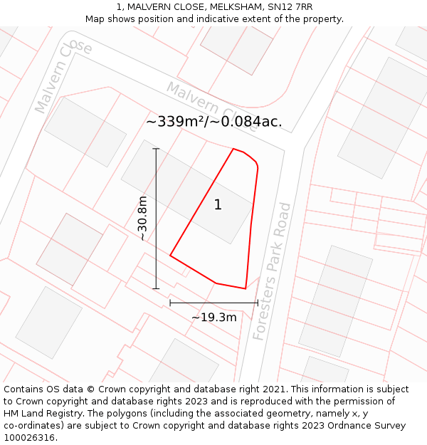 1, MALVERN CLOSE, MELKSHAM, SN12 7RR: Plot and title map