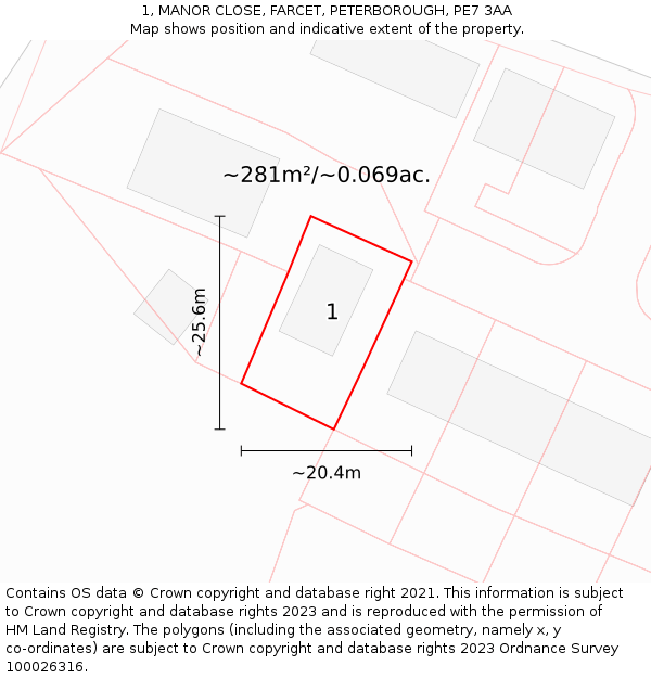 1, MANOR CLOSE, FARCET, PETERBOROUGH, PE7 3AA: Plot and title map