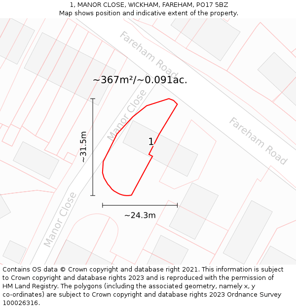 1, MANOR CLOSE, WICKHAM, FAREHAM, PO17 5BZ: Plot and title map