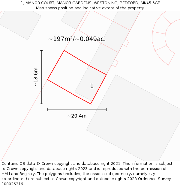 1, MANOR COURT, MANOR GARDENS, WESTONING, BEDFORD, MK45 5GB: Plot and title map