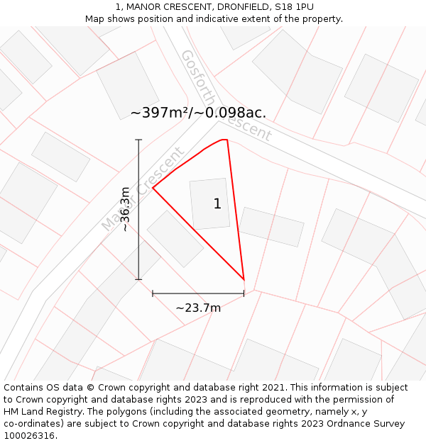 1, MANOR CRESCENT, DRONFIELD, S18 1PU: Plot and title map