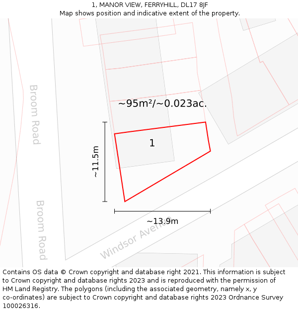 1, MANOR VIEW, FERRYHILL, DL17 8JF: Plot and title map