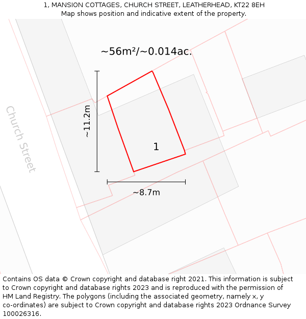 1, MANSION COTTAGES, CHURCH STREET, LEATHERHEAD, KT22 8EH: Plot and title map