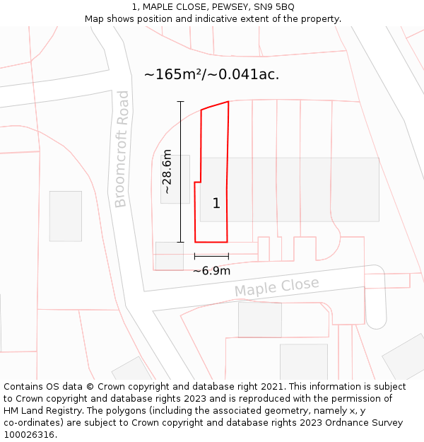 1, MAPLE CLOSE, PEWSEY, SN9 5BQ: Plot and title map