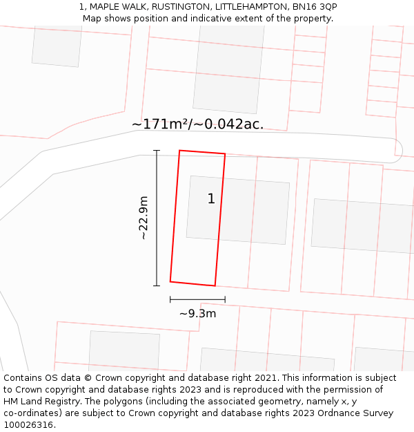1, MAPLE WALK, RUSTINGTON, LITTLEHAMPTON, BN16 3QP: Plot and title map