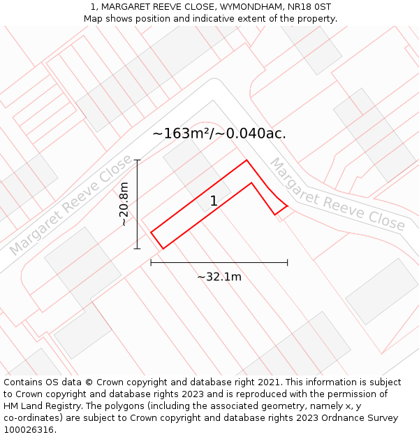 1, MARGARET REEVE CLOSE, WYMONDHAM, NR18 0ST: Plot and title map