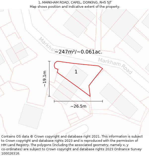 1, MARKHAM ROAD, CAPEL, DORKING, RH5 5JT: Plot and title map