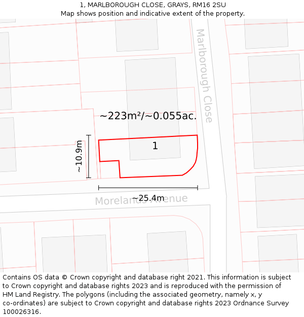 1, MARLBOROUGH CLOSE, GRAYS, RM16 2SU: Plot and title map