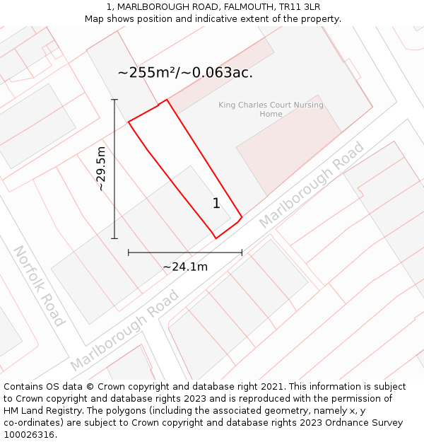 1, MARLBOROUGH ROAD, FALMOUTH, TR11 3LR: Plot and title map