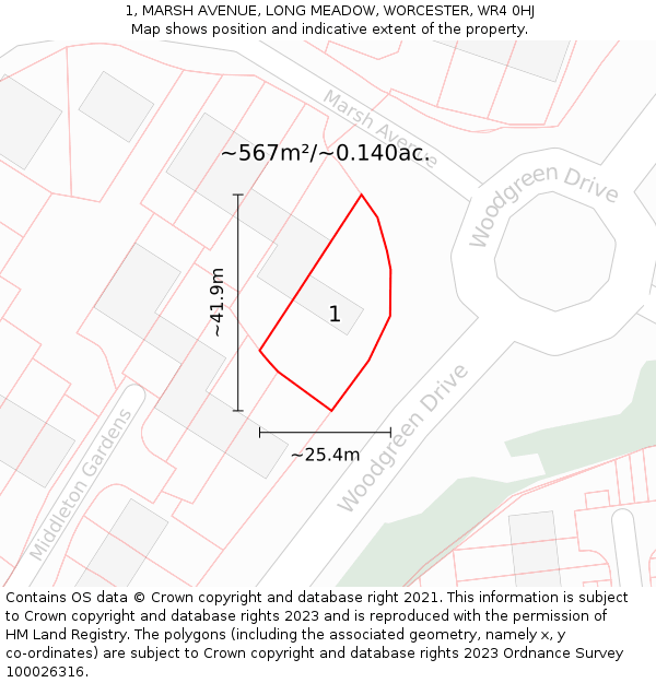 1, MARSH AVENUE, LONG MEADOW, WORCESTER, WR4 0HJ: Plot and title map