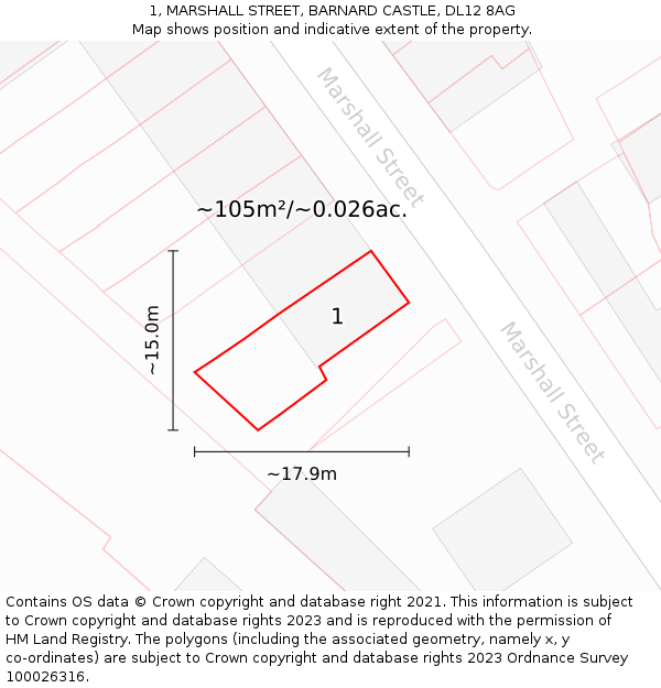 1, MARSHALL STREET, BARNARD CASTLE, DL12 8AG: Plot and title map