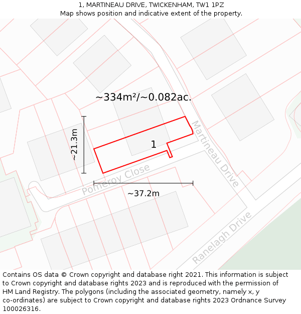 1, MARTINEAU DRIVE, TWICKENHAM, TW1 1PZ: Plot and title map