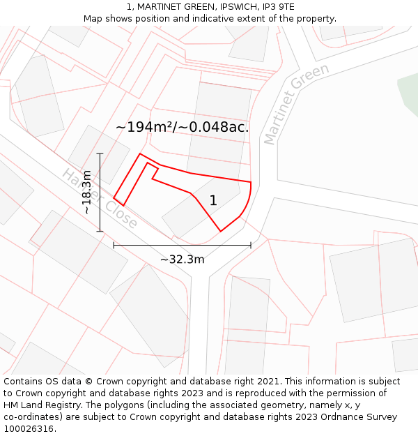1, MARTINET GREEN, IPSWICH, IP3 9TE: Plot and title map