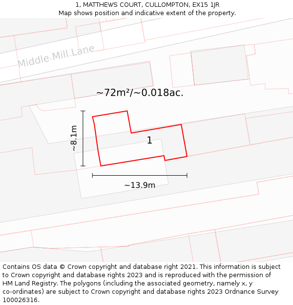 1, MATTHEWS COURT, CULLOMPTON, EX15 1JR: Plot and title map