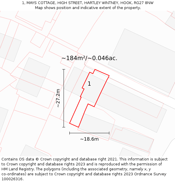 1, MAYS COTTAGE, HIGH STREET, HARTLEY WINTNEY, HOOK, RG27 8NW: Plot and title map