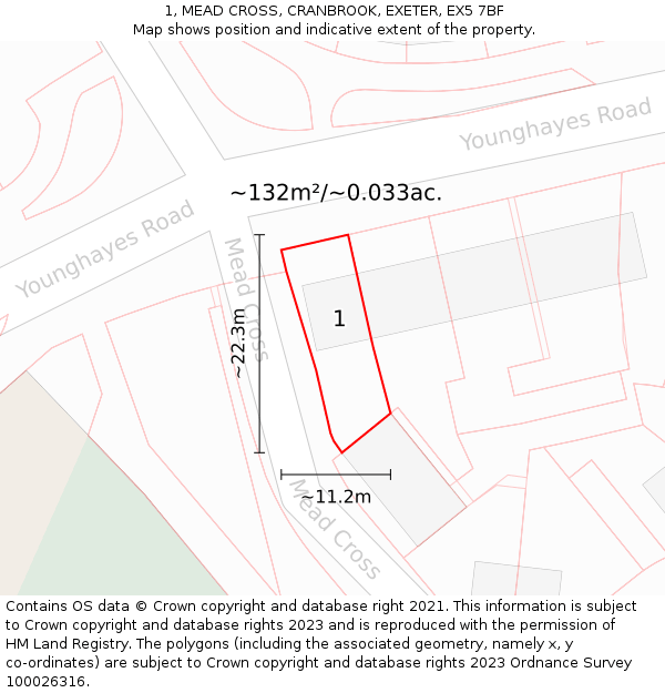 1, MEAD CROSS, CRANBROOK, EXETER, EX5 7BF: Plot and title map