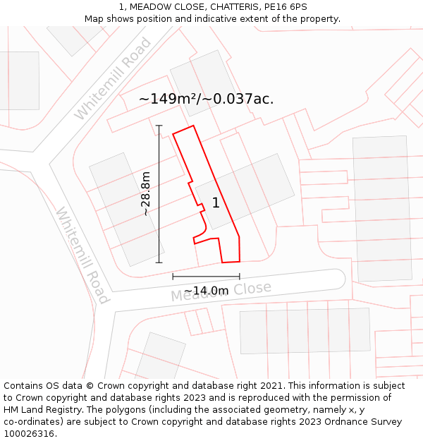 1, MEADOW CLOSE, CHATTERIS, PE16 6PS: Plot and title map