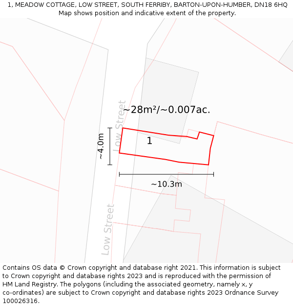 1, MEADOW COTTAGE, LOW STREET, SOUTH FERRIBY, BARTON-UPON-HUMBER, DN18 6HQ: Plot and title map