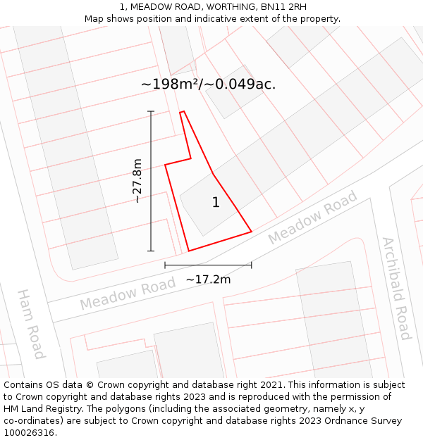 1, MEADOW ROAD, WORTHING, BN11 2RH: Plot and title map