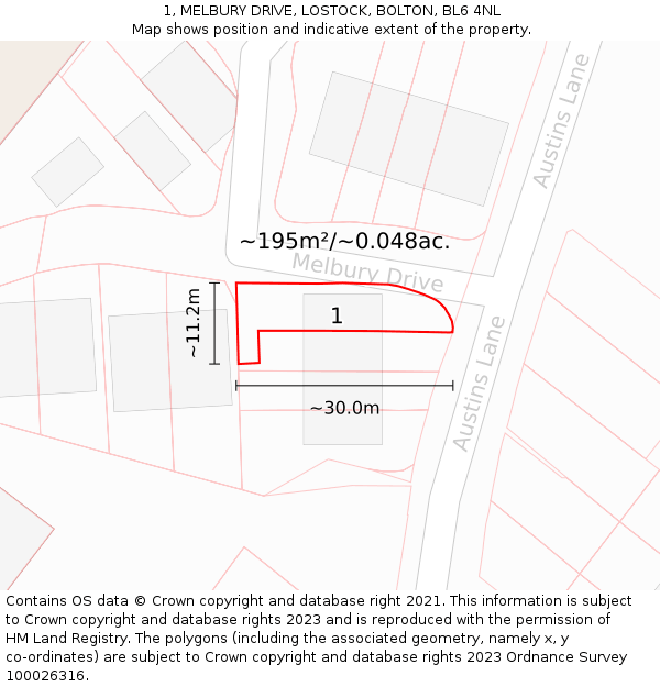 1, MELBURY DRIVE, LOSTOCK, BOLTON, BL6 4NL: Plot and title map