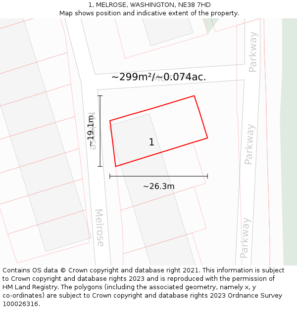 1, MELROSE, WASHINGTON, NE38 7HD: Plot and title map