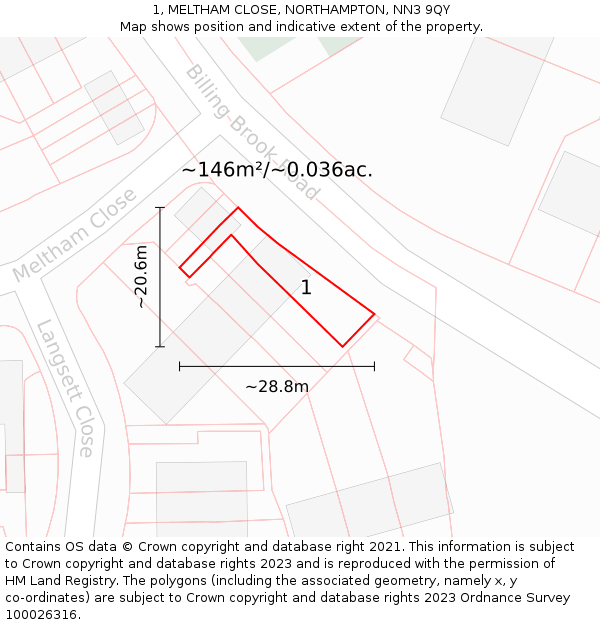 1, MELTHAM CLOSE, NORTHAMPTON, NN3 9QY: Plot and title map