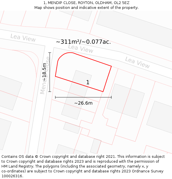 1, MENDIP CLOSE, ROYTON, OLDHAM, OL2 5EZ: Plot and title map