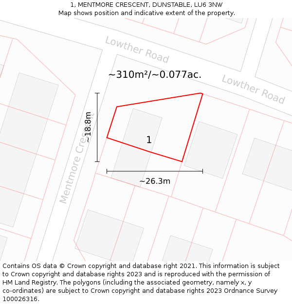 1, MENTMORE CRESCENT, DUNSTABLE, LU6 3NW: Plot and title map