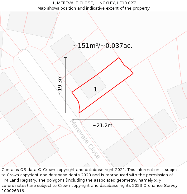 1, MEREVALE CLOSE, HINCKLEY, LE10 0PZ: Plot and title map