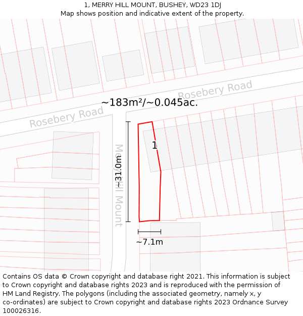 1, MERRY HILL MOUNT, BUSHEY, WD23 1DJ: Plot and title map